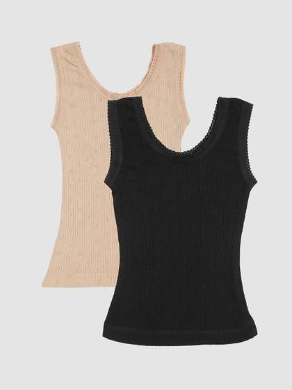 Kanvin Girls Pack Of 2
                      Beige & black Ribbed Cotton Thermal Tops