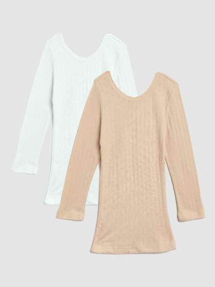 Kanvin Girls Pack Of 2
                    Beige & Off White Ribbed Cotton Thermal Tops