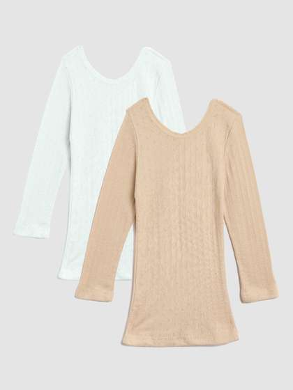 Kanvin Girls beige and
                    white Pack Of 2 Solid Thermal Tops