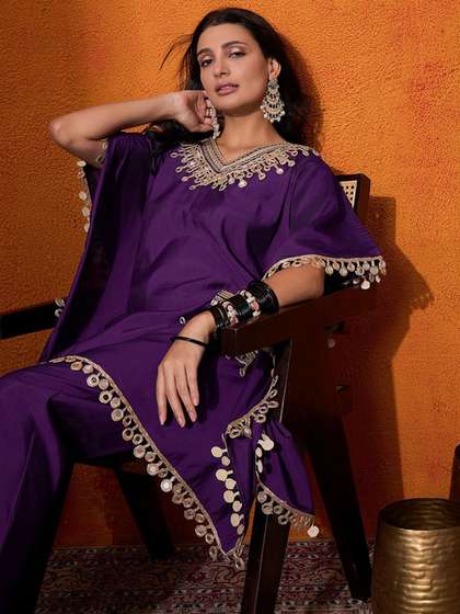 Sangria Ethnic Motifs Yoke Design Embroidered Kaftan Kurta & Trousers