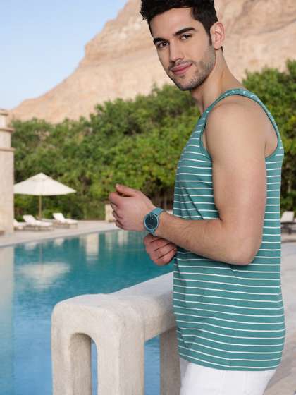 Mast & Harbour Men Sea Green Cotton Striped Round Neck T-shirt