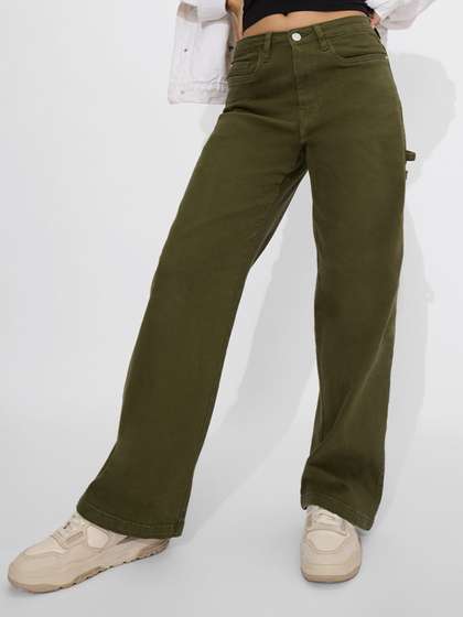 The Souled Store Women Straight Fit Solid Olive Jeans