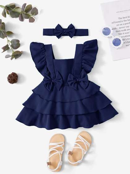 LYTIX Infant Girls Bow
                      Front Square Neck Crepe Flutter Sleeves Ruffle
                      Flare Dress