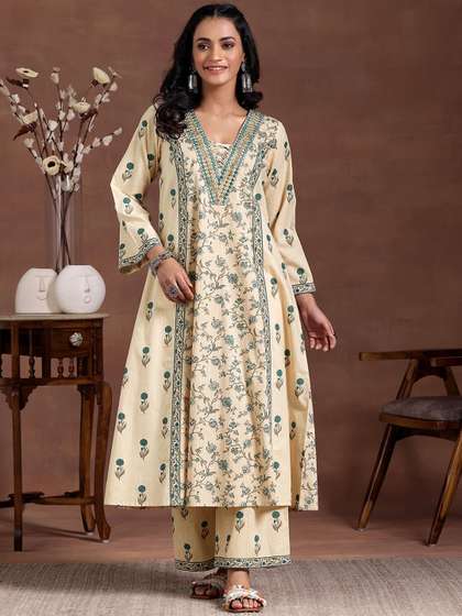 Libas Floral Printed Panelled Mirror Work Pure Cotton A-Line Kurta With Palazzos