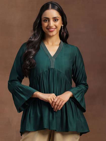 Libas Woven Design V-Neck Pleated Kurti