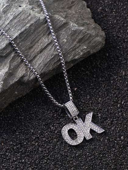 French Accent Men
                    Silver-Plated Stone Studded OK Pendant With Chain