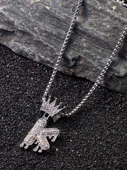 French Accent Men
                      Silver-Plated Stone Studded Drip Alphabet K
                      Pendant With Chain