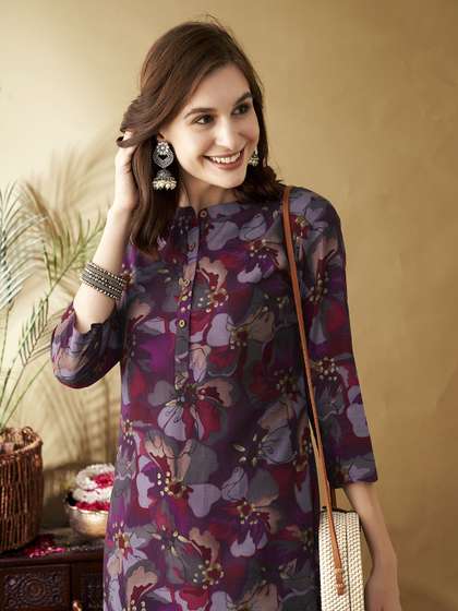 Anouk X fwd Floral Printed Band Collar Chanderi Silk Straight Kurta