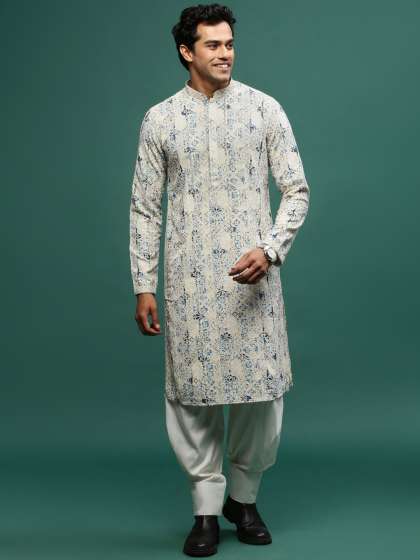 Price History of Sangria Blue Beige Geometric Embroidered Chikankari Straight Kurta With Trouser from Myntra 111 12739367