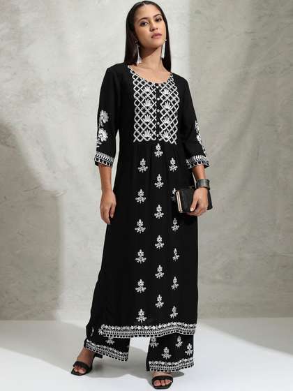 Vishudh Black Floral Embroidered Straight Kurta with Palazzo
