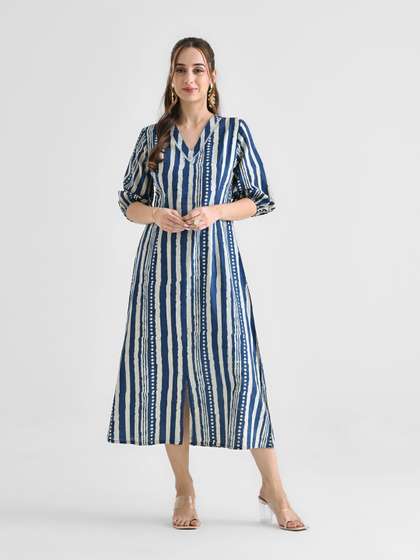 Rustorange Women
                        Striped Printed Cotton Puff Sleeves A-Line Midi
                        Dress
