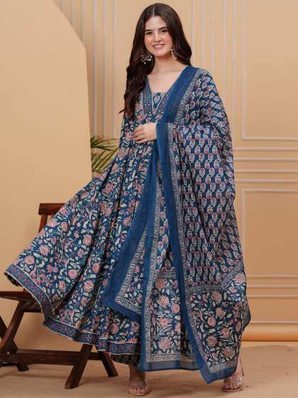 Mizaz Floral
                          Printed Empire Style Pure Cotton Anarkali
                          Kurta With Trousers & Dupatta