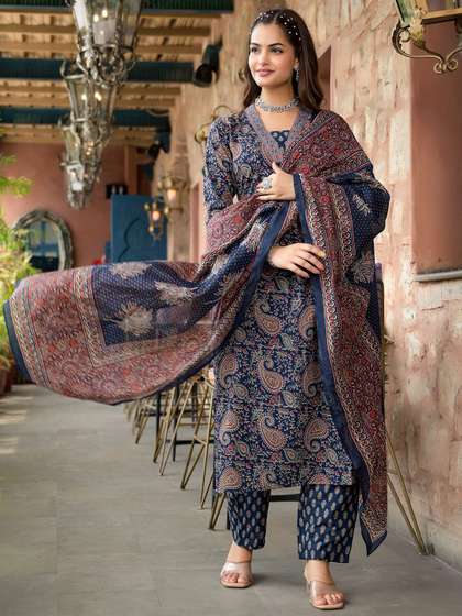 KALINI Paisley Printed V Neck Straight Kurta With Trousers & Dupatta