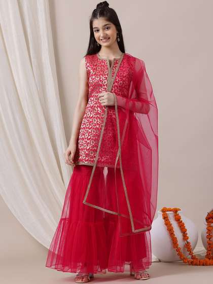 Inddus Girls Floral
                      Zari Woven Kurta & Sharara with Dupatta