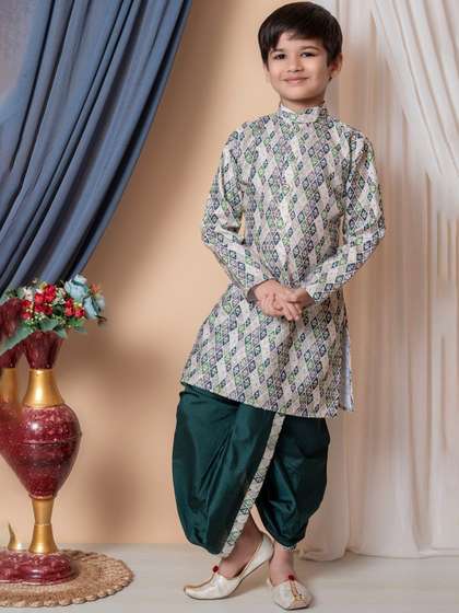NFC CREATION Boys Ethnic
                    Motifs Printed Sequinned Dupion Silk Kurta with
                    Dhoti Pants