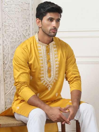 Jompers Floral
                          Embroidered Mandarin Collar Thread Work
                          Straight Cotton Silk Kurta