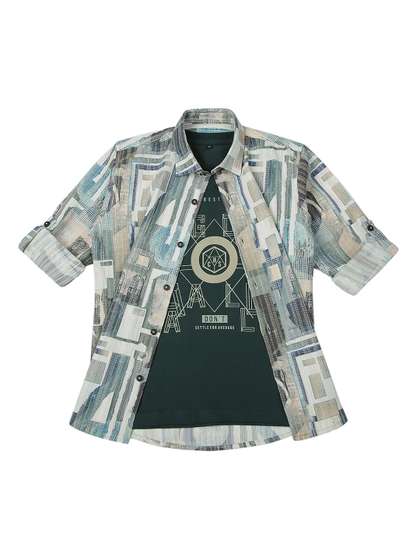 CAVIO Boys Spread
                      Collar Abstract Printed Cotton Casual Shirts &
                      T-Shirt