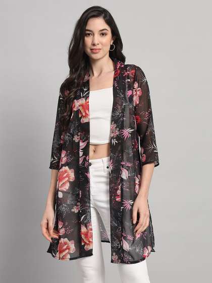Curvydrobe Floral
                        Printed Longline Open Front Shrug