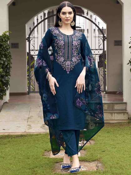 Tikhi Imli
                            Floral Embroidered V-Neck Straight Kurta
                            with Trousers & Dupatta