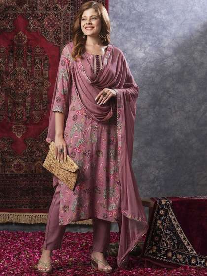 GoSriKi Floral Printed Thread Work Straight Kurta With Trousers & Dupatta