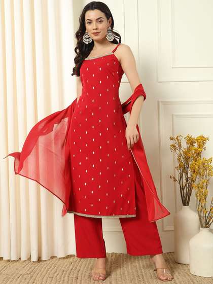 FIORRA Geometric Printed Shoulder Straps Straight Kurta With Palazzos & Dupatta