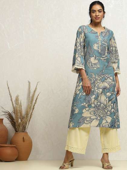 Biba Floral Printed Flared Sleeves Cotton Straight Kurta