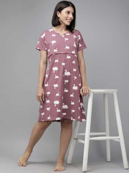 Zeyo Mauve &
                          White Printed Cotton Maternity & Feeding
                          Nightdress