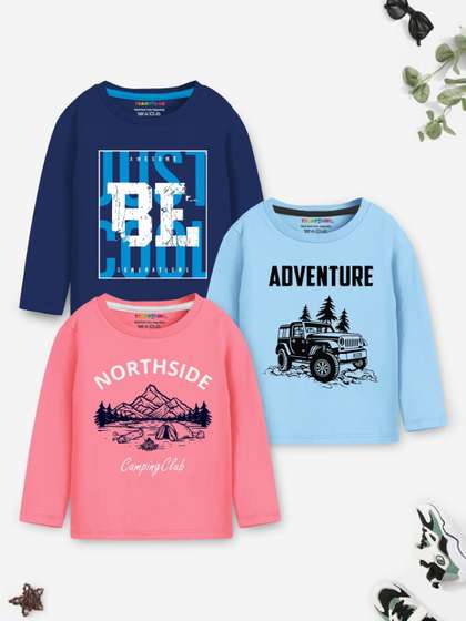YK X Trampoline Boys Pack Of 3 Typography Printed Round Neck Cotton T-Shirts