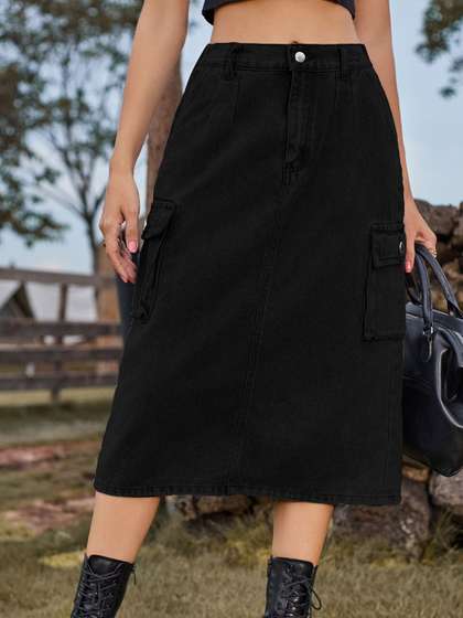 StyleCast Solid Denim A-Line Midi Skirts