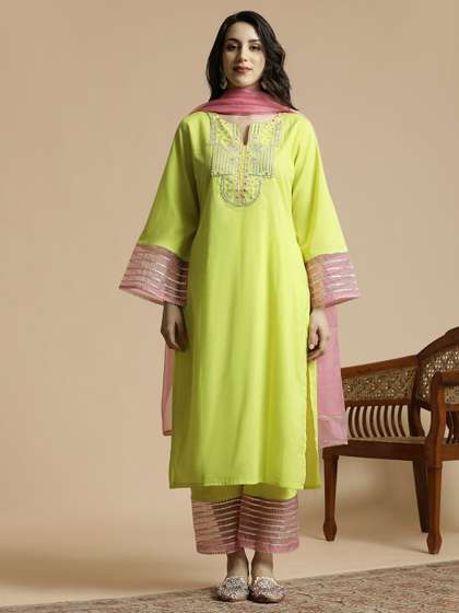 Anouk Embroidered Regular Sequinned Pure Cotton Straight Kurta with Trousers & Dupatta