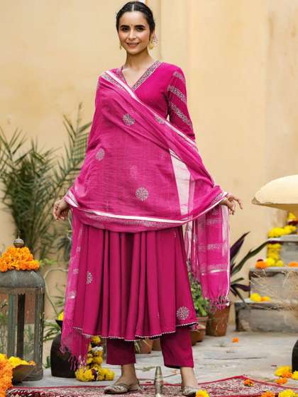GoSriKi Floral Printed V Neck Anarkali Kurta With Trousers & Dupatta