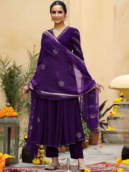 GoSriKi Floral Printed Anarkali Kurta With Trousers & Dupatta