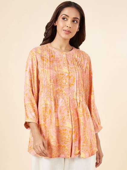 AKKRITI BY PANTALOONS Mandarin Collar Printed Ethnic Tunic