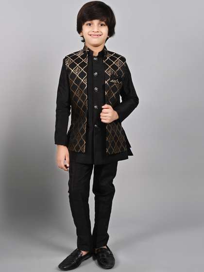 ahhaaaa Boys Self
                        Designed Mandarin Collar 3-Piece Sherwani Set