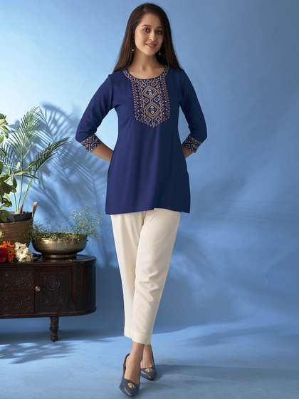 Anouk X fwd Floral Yoke Design Round Neck A-Line Short Kurti