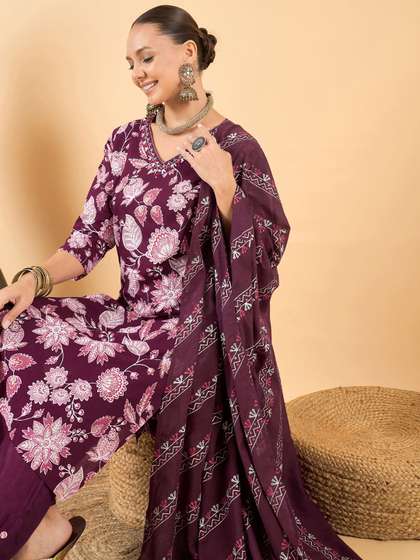 Sangria Floral Printed Thread Work Pure Cotton Straight Kurta With Trousers & Dupatta