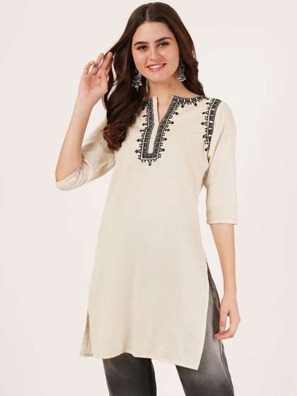 Brownverse Geometric Embroidered V-Neck Straight Kurti