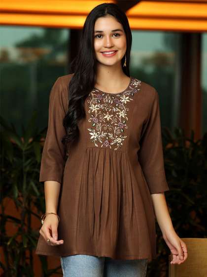 Libas Floral Yoke Design Thread Work Thread Work Pleated Kurti