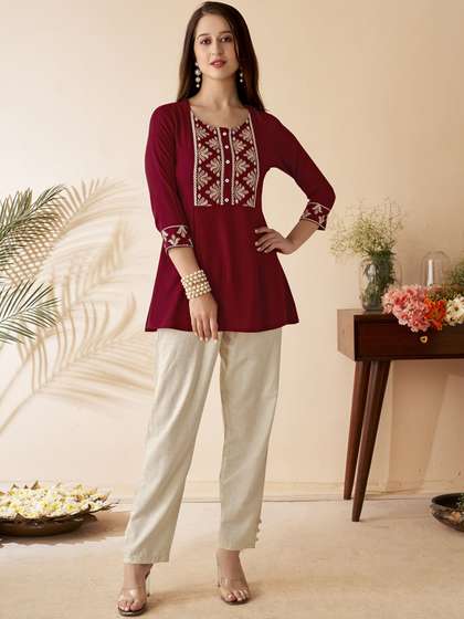 Anouk X fwd Floral Yoke Design Thread Work Short Kurti