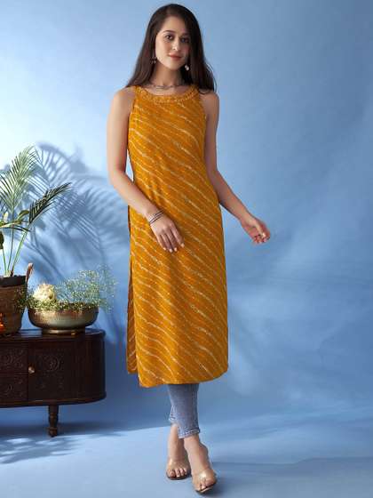 Anouk X fwd Leheriya Printed Round Neck Thread Work Straight Kurta