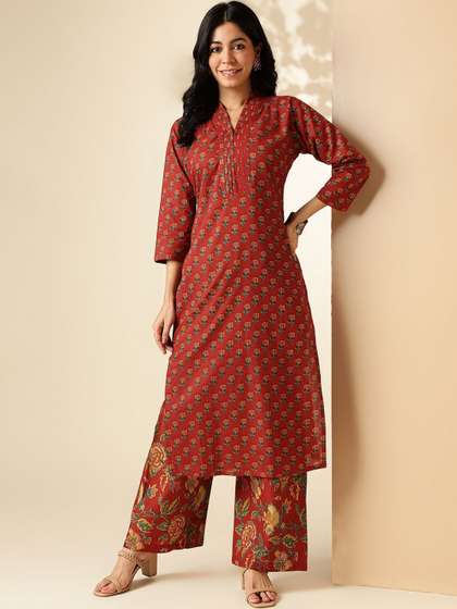 Vbuyz Floral Printed
                        V Neck Pure Cotton Straight Kurta with Palazzos