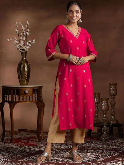 Libas Ethnic Motifs Embroidered V-Neck Zari Pure Silk Straight Kurta
