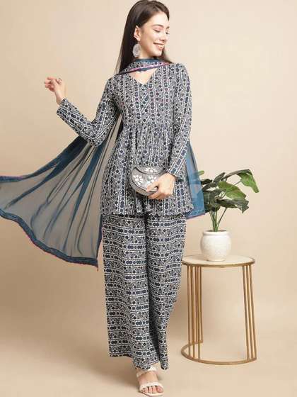 KALINI Floral
                          Printed Sequinned V-Neck A-Line Cotton Kurta
                          With Dupatta