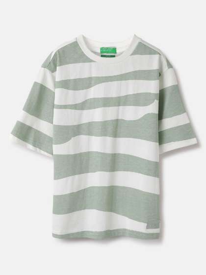 United Colors of Benetton Boys Striped Round Neck Pure Cotton Boxy T-Shirt