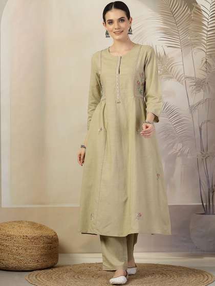 Nayam By Lakshita
                        Floral Embroidered Cotton Linen Thread Work
                        A-Line Kurta with Trousers