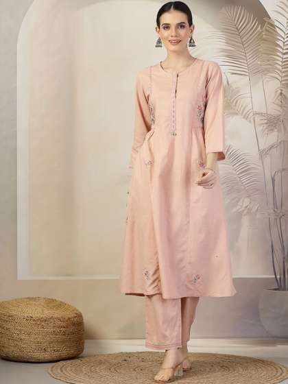 Nayam By Lakshita
                          Round Neck Floral Embroidered Thread Work
                          A-Line Kurta with Trousers