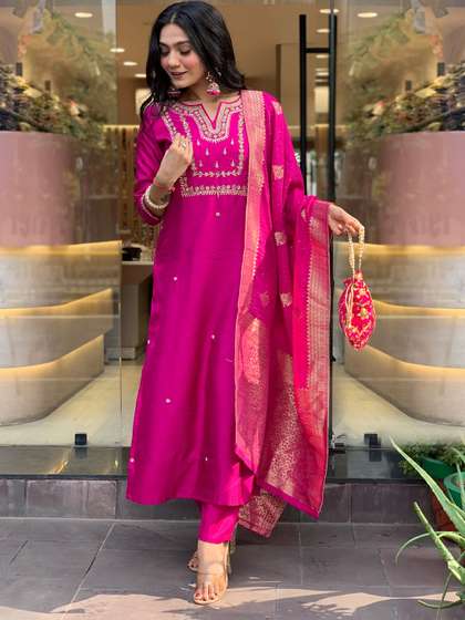 GoSriKi Ethnic Motifs Embroidered Regular Straight Kurta with Trousers & Dupatta