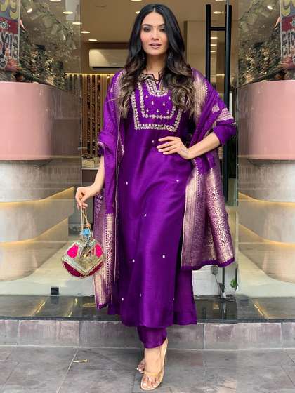 GoSriKi Ethnic Motifs Embroidered Regular Straight Kurta with Trousers & Dupatta
