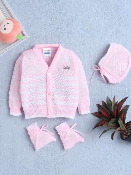 BUMZEE Girls Striped
                    Front-Open Sweater With Cap & Socks