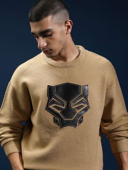 HIGHLANDER Black
                        Panther Men Tan Embellished Round Neck Sweater